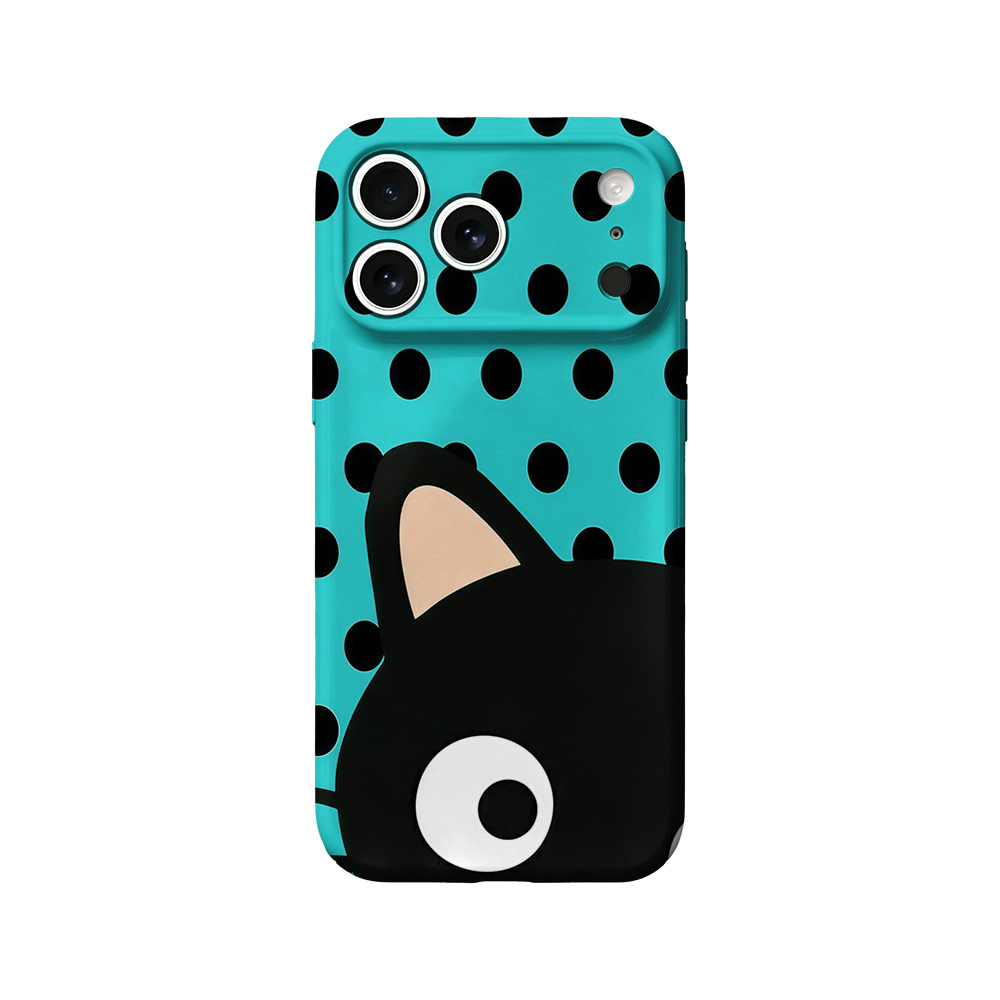 Apple Iphone 15 Pro Max - Turkuaz Puantiyeli Kedi Desenli iPhone 17